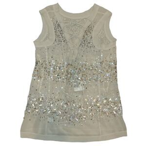 NWT Adrianna Papell Champagne Sheer Beaded Sequin Sleeveless Top Blouse S